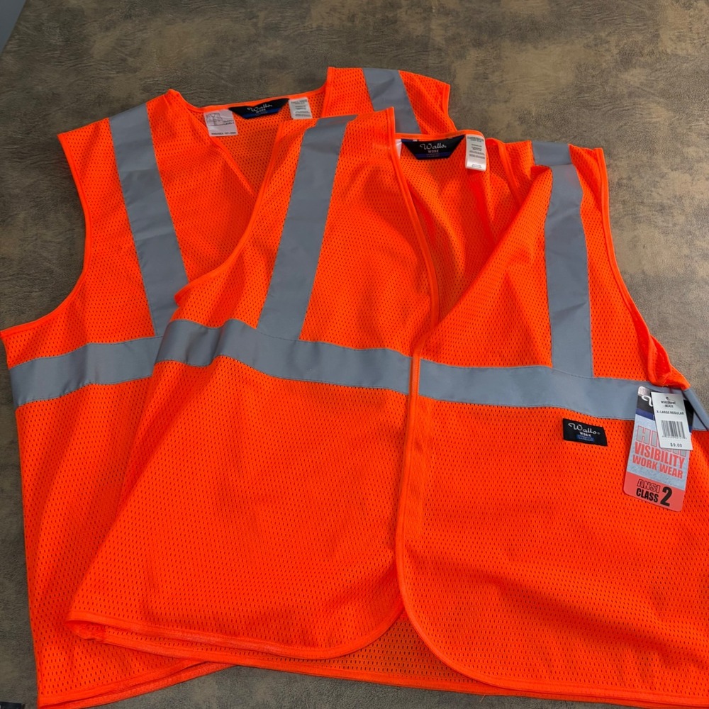 Lot of 2 Walls High Visibility Vest Mens XL Orange ANSI Class 2 Reflective Mesh